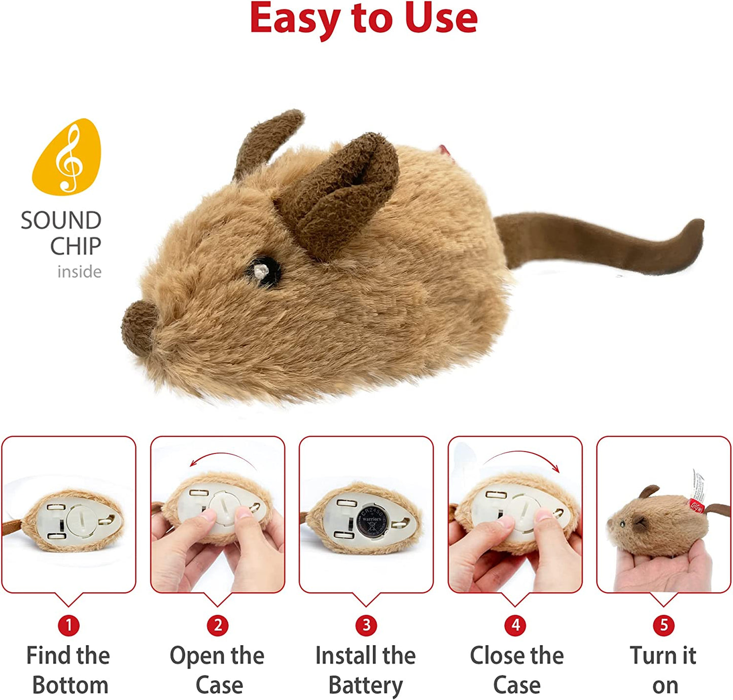 Interactive Cat Toys for Indoor Cats, Cat Mouse Toys with Electronic Realistic Squeaky Sound, Automatic Moving Kitten Toys Electric Mice Toy Self Play Exercise(Brown Ear)