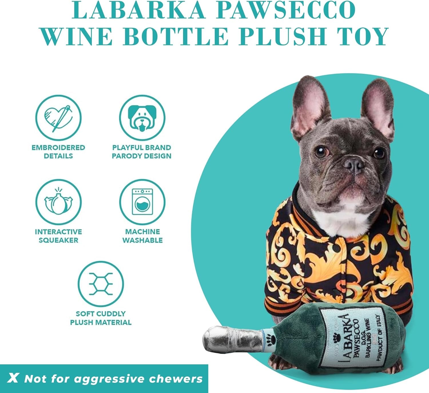 Labarka Pawsecco, Plush Designer Dog Toys with Interactive Squeaker, Stimulating Pet Enrichment, Machine-Washable & Safe Materials for All Breeds, One Size